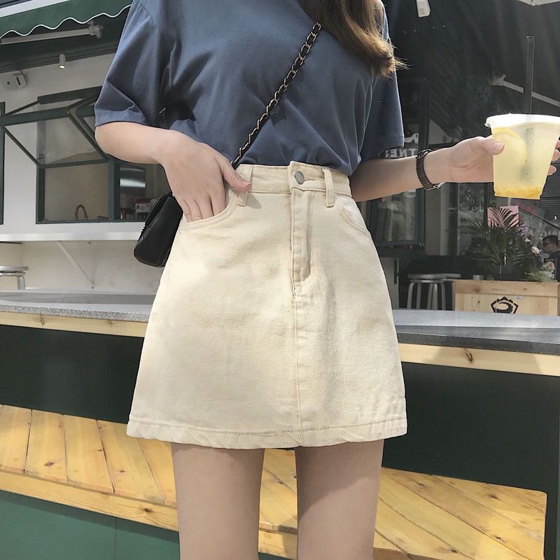 Rok Denim A-Line Warna Solid D - Fly Line ulasan dan harga
